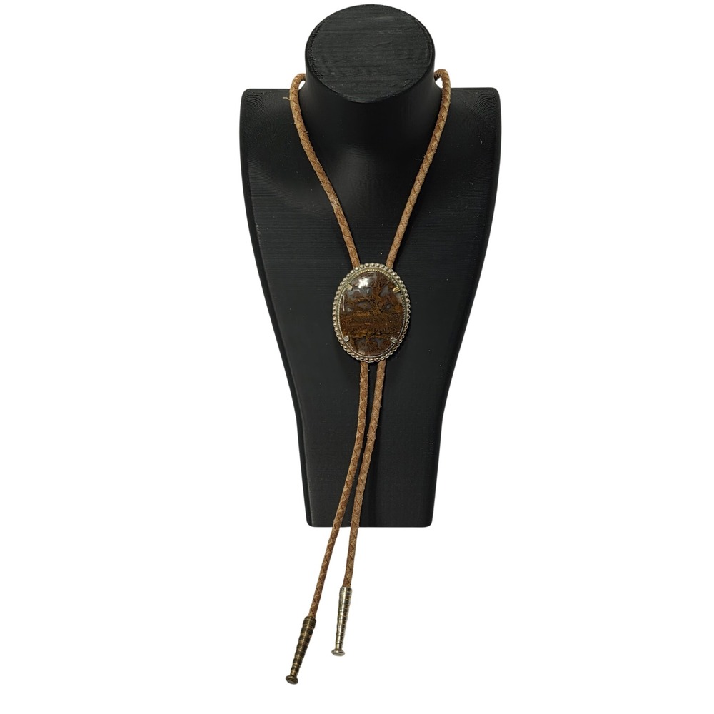 Vintage Mens Moss Agate Bolo Tie Braided Leather Tan Silver Tone Western Cowboy*